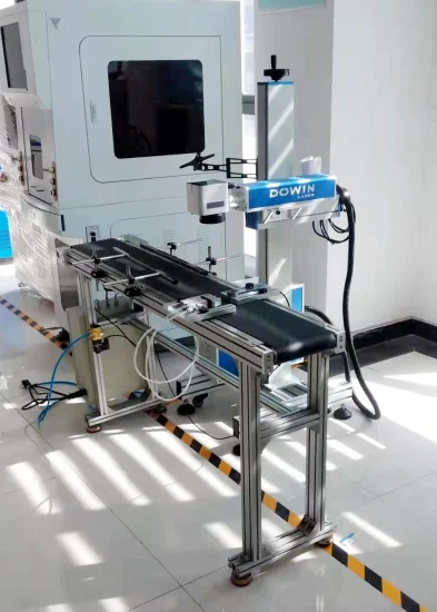 Stampante laser con numero di serie Marcatura laser CO2 volante online Stampa di imballaggi medici con trasportatore di capsule